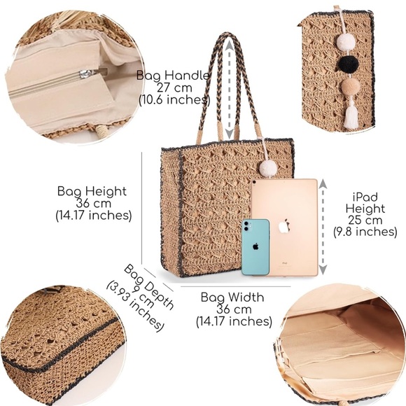 Woven Straw Tote with Pom Pom tassel - Picture 9 of 9